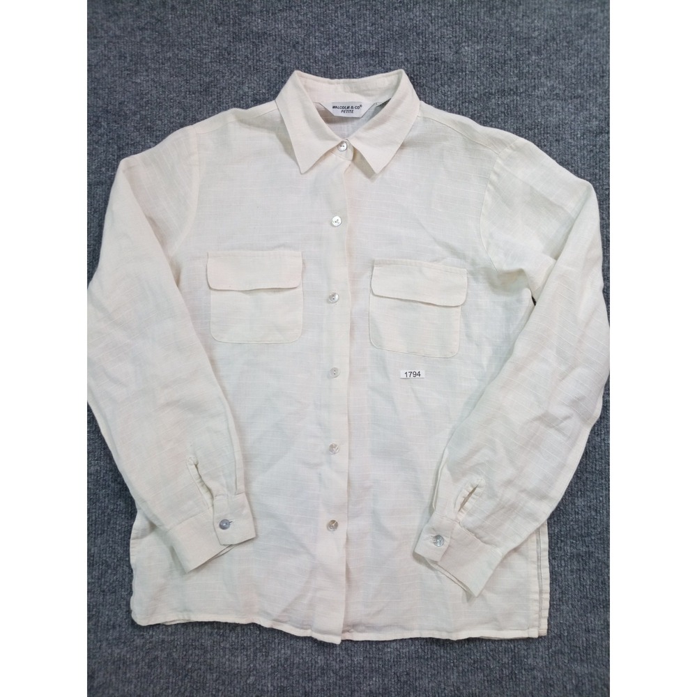 Malcolm & Co Petite 100% Linen Button Front Blouse Beige Long Sleeve PS